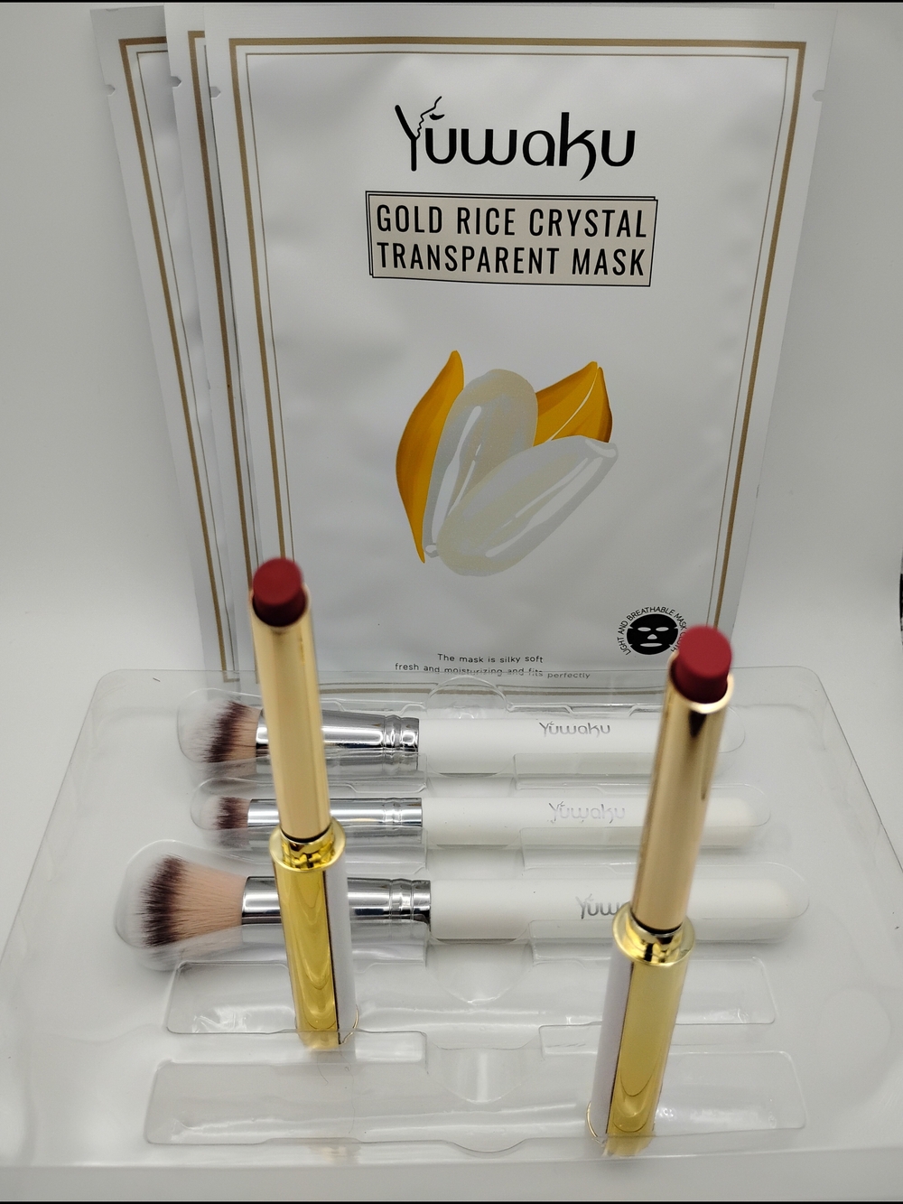 Gold Rice Crystal Transparent Mask + Red Lipstick Duo. Japanese Skincare